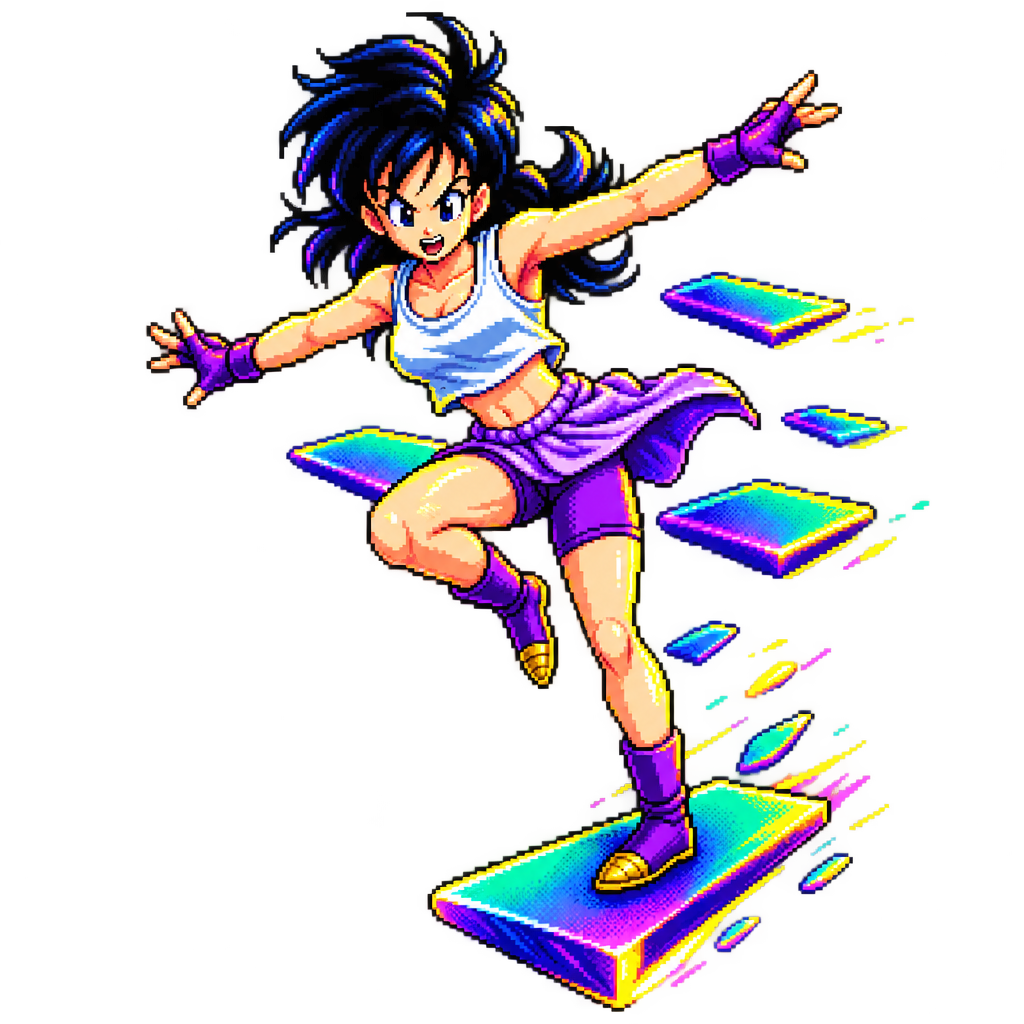 Anime Solana mascot mid-jump, pixel sprite